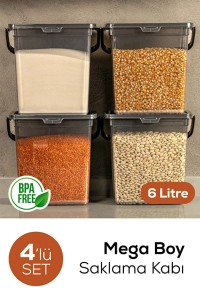 4 Adet Kare Un Bakliyat Kabı 6 Litre - Kulplu Deterjanlık Saklama Kutusu Kabı Antrasit